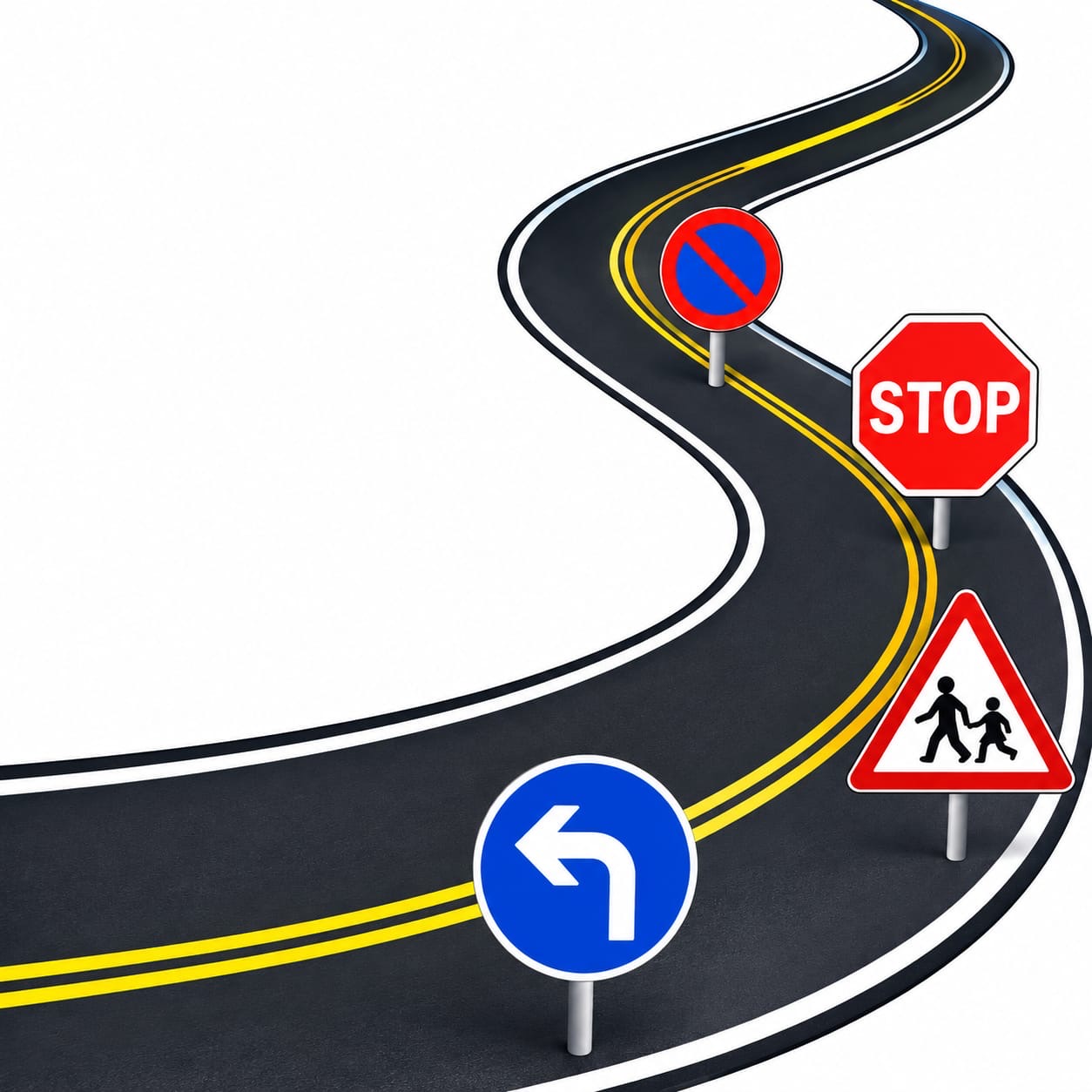 Route sinueuse équipée de panneaux de signalisation